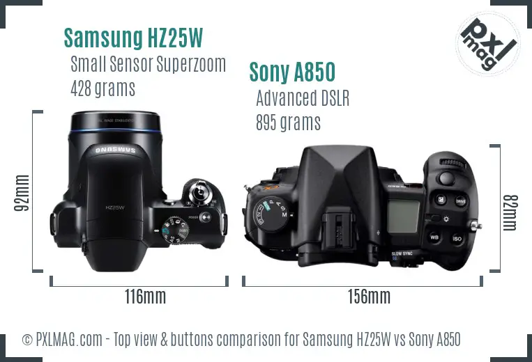 Samsung HZ25W vs Sony A850 top view buttons comparison