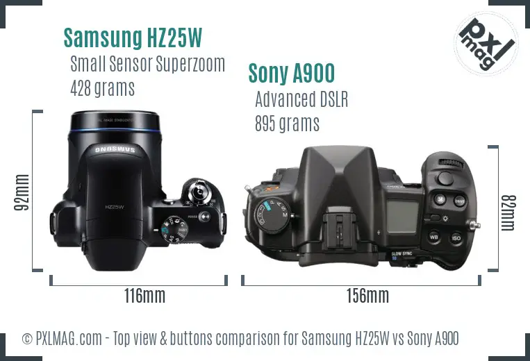 Samsung HZ25W vs Sony A900 top view buttons comparison