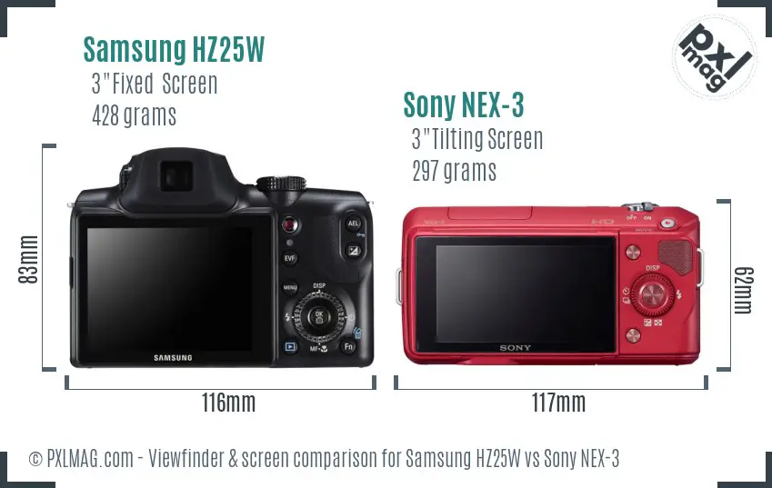 Samsung HZ25W vs Sony NEX-3 Screen and Viewfinder comparison