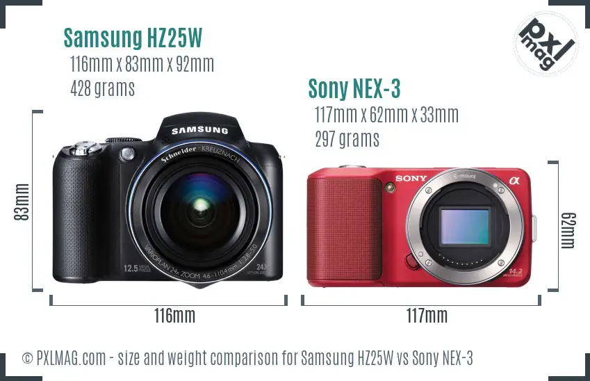 Samsung HZ25W vs Sony NEX-3 size comparison