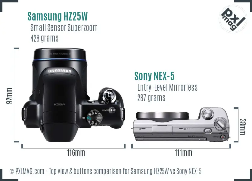 Samsung HZ25W vs Sony NEX-5 top view buttons comparison