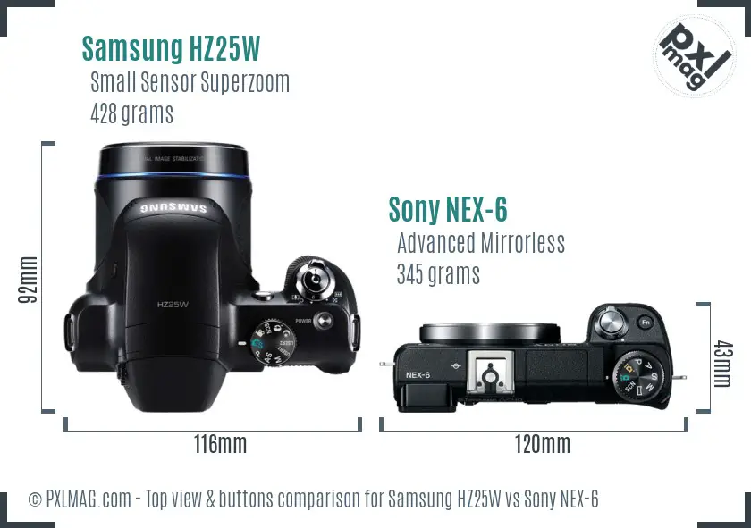 Samsung HZ25W vs Sony NEX-6 top view buttons comparison