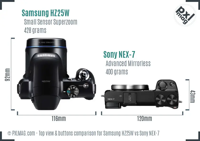 Samsung HZ25W vs Sony NEX-7 top view buttons comparison