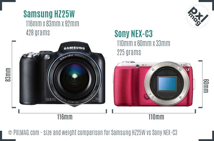 Samsung HZ25W vs Sony NEX-C3 size comparison