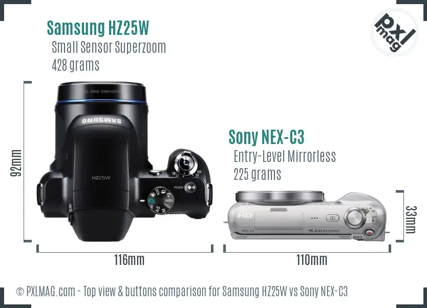 Samsung HZ25W vs Sony NEX-C3 top view buttons comparison