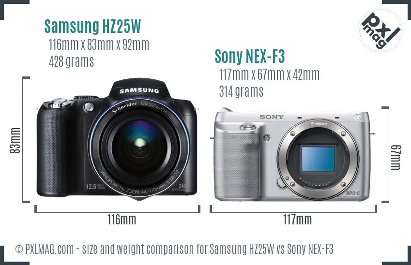 Samsung HZ25W vs Sony NEX-F3 size comparison