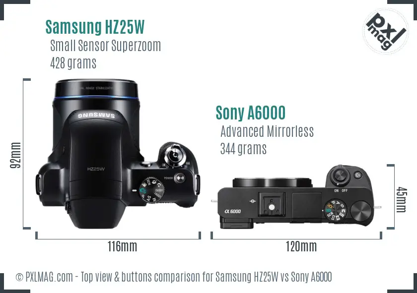 Samsung HZ25W vs Sony A6000 top view buttons comparison