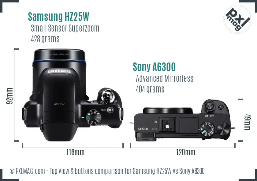 Samsung HZ25W vs Sony A6300 top view buttons comparison