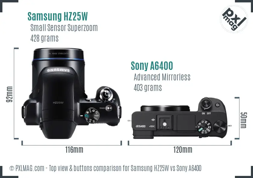 Samsung HZ25W vs Sony A6400 top view buttons comparison