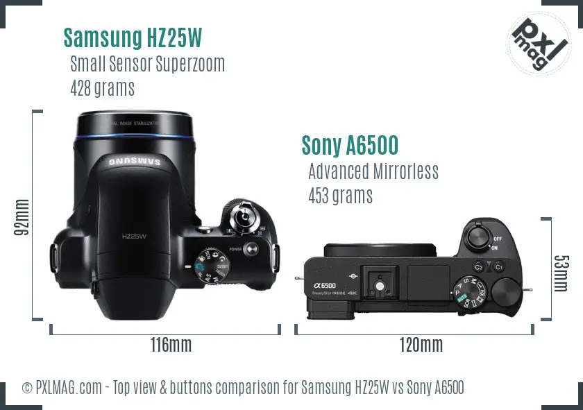 Samsung HZ25W vs Sony A6500 top view buttons comparison