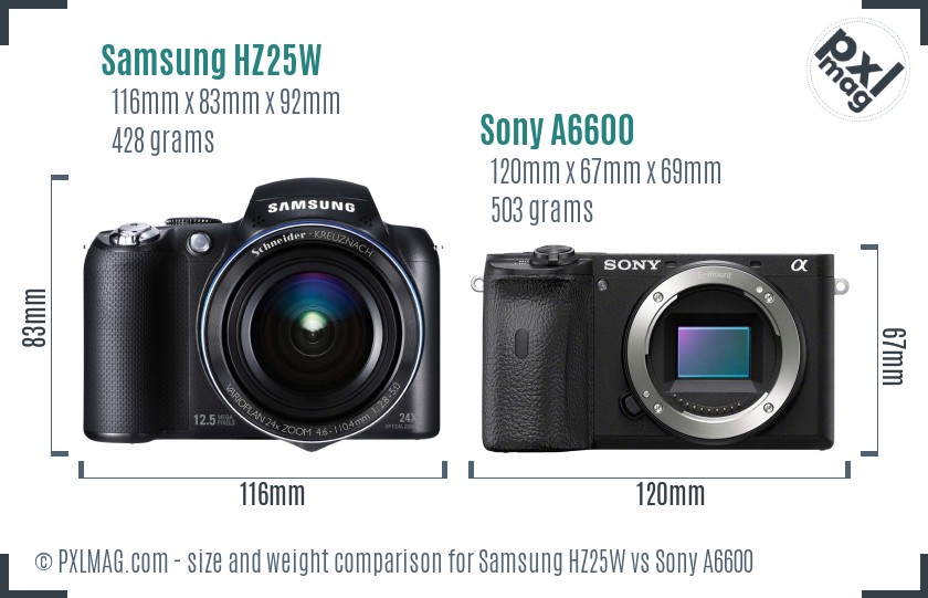 Samsung HZ25W vs Sony A6600 size comparison