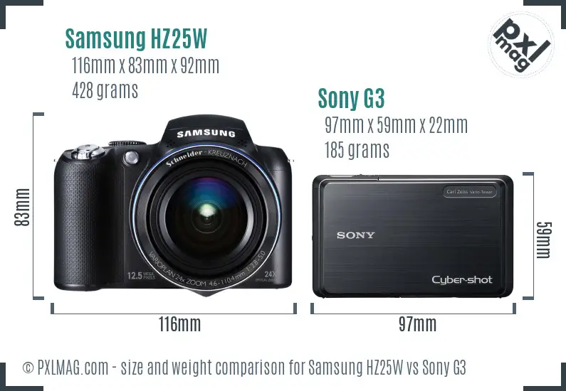 Samsung HZ25W vs Sony G3 size comparison