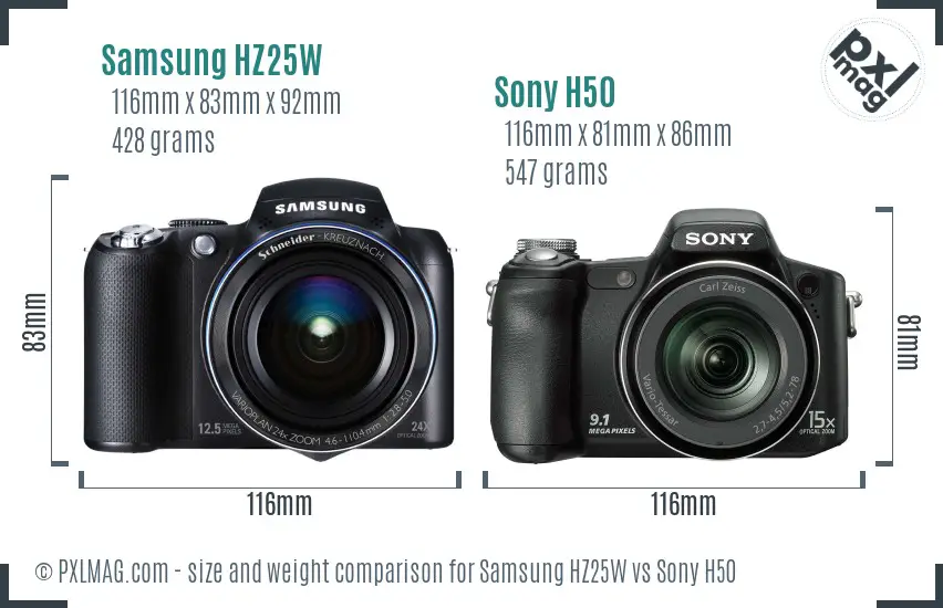 Samsung HZ25W vs Sony H50 size comparison