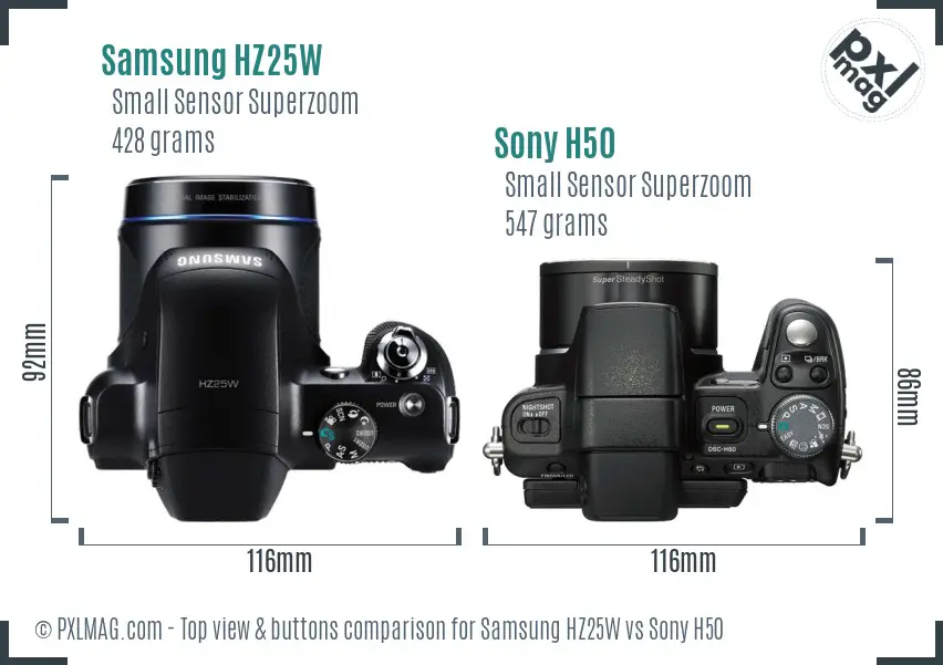 Samsung HZ25W vs Sony H50 top view buttons comparison
