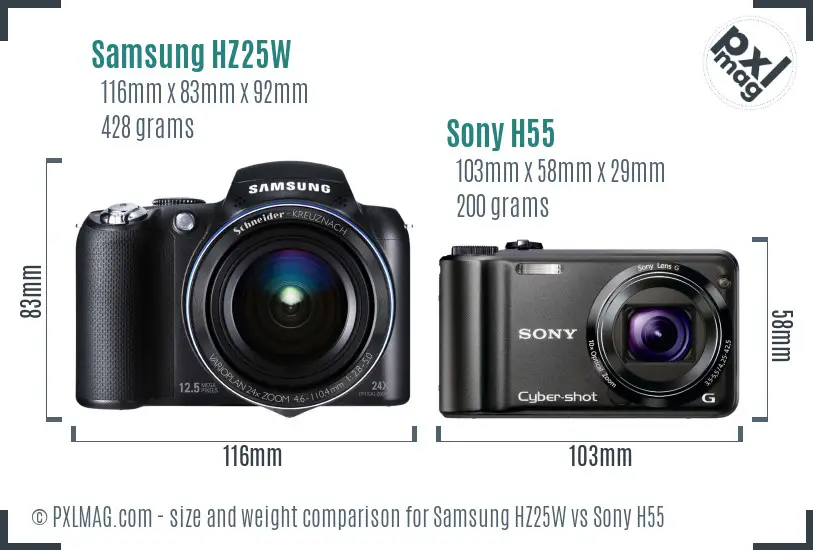 Samsung HZ25W vs Sony H55 size comparison