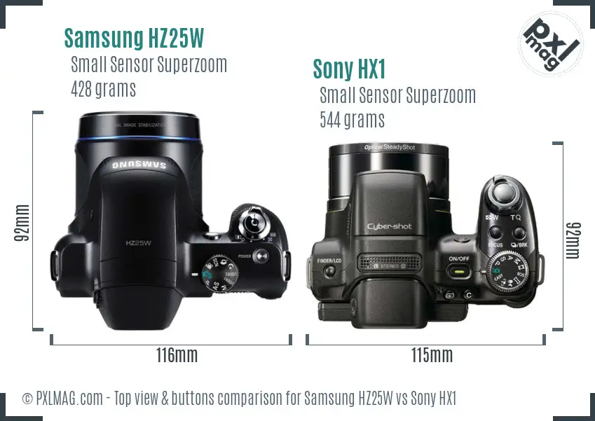 Samsung HZ25W vs Sony HX1 top view buttons comparison
