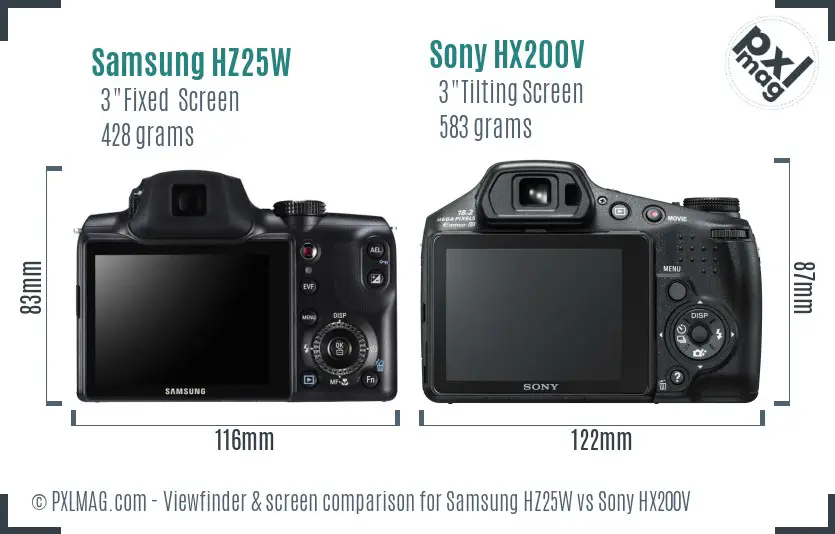 Samsung HZ25W vs Sony HX200V Screen and Viewfinder comparison