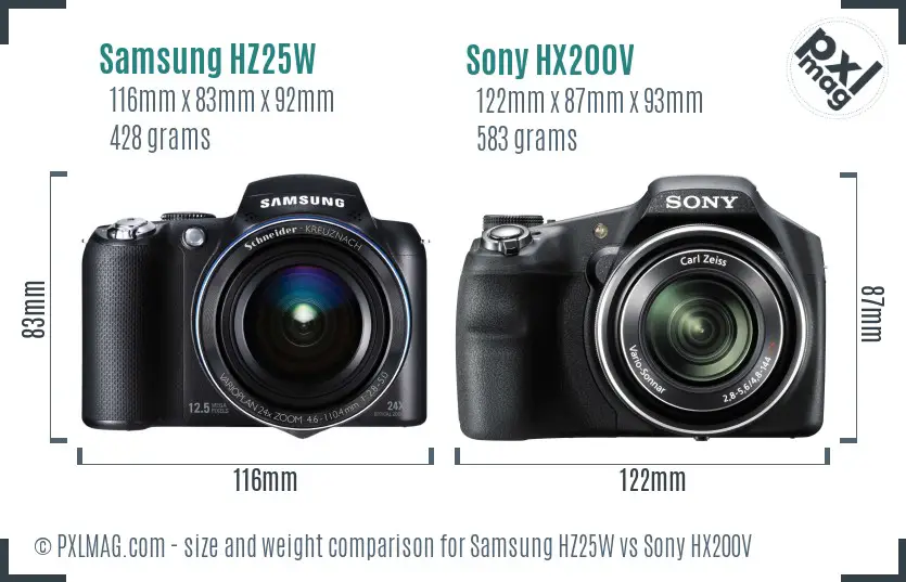 Samsung HZ25W vs Sony HX200V size comparison
