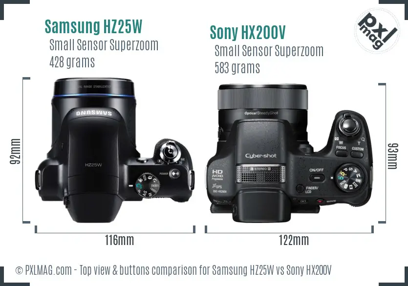 Samsung HZ25W vs Sony HX200V top view buttons comparison