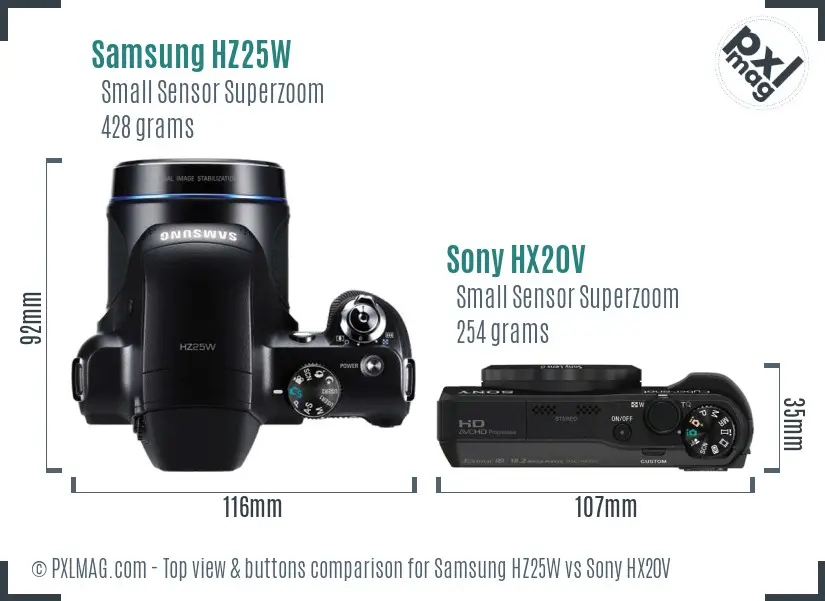 Samsung HZ25W vs Sony HX20V top view buttons comparison