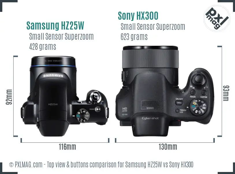 Samsung HZ25W vs Sony HX300 top view buttons comparison