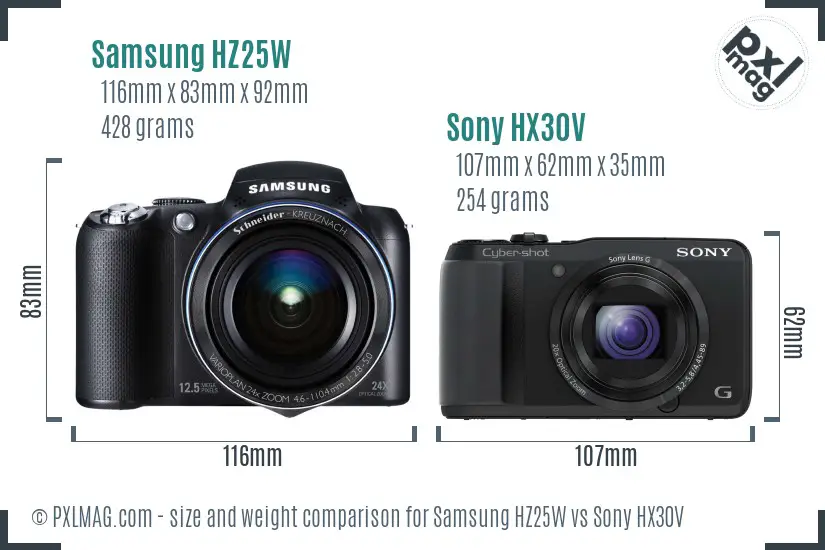 Samsung HZ25W vs Sony HX30V size comparison