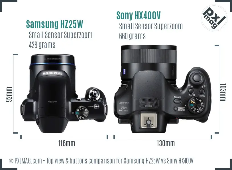Samsung HZ25W vs Sony HX400V top view buttons comparison