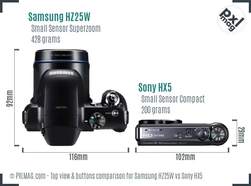Samsung HZ25W vs Sony HX5 top view buttons comparison