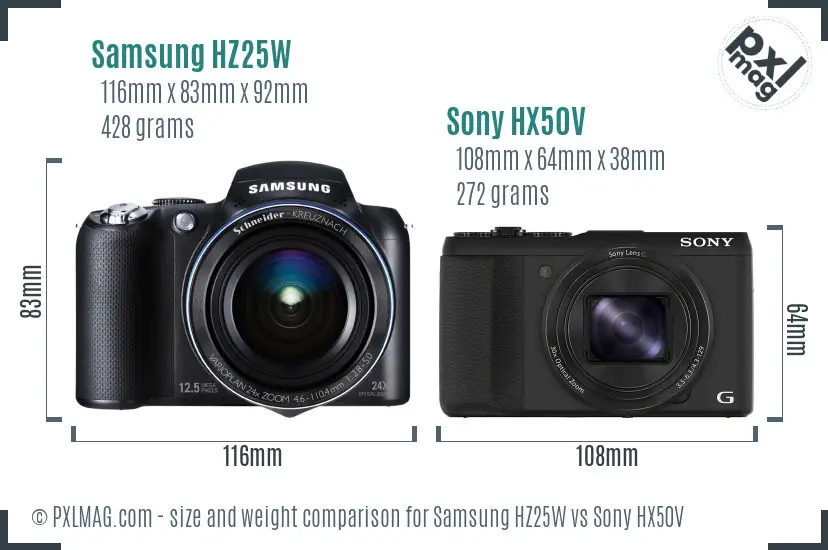 Samsung HZ25W vs Sony HX50V size comparison