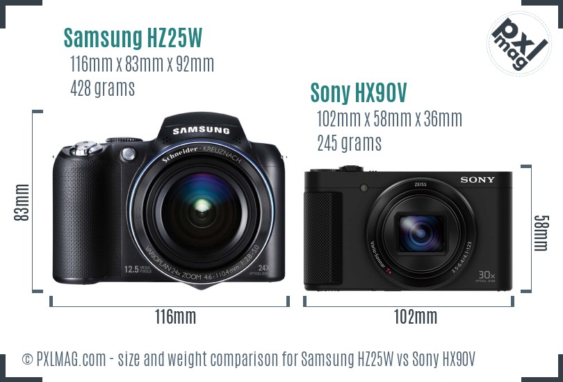 Samsung HZ25W vs Sony HX90V size comparison