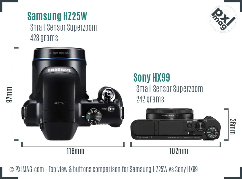Samsung HZ25W vs Sony HX99 top view buttons comparison