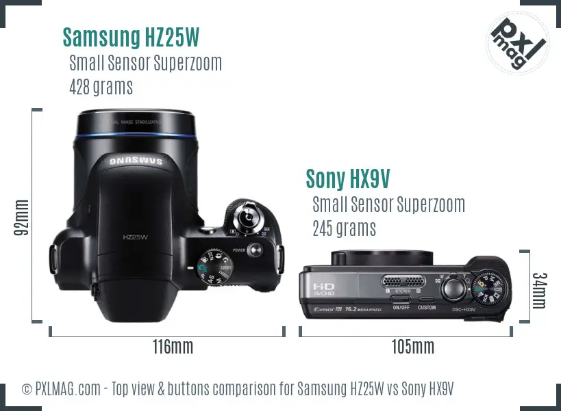 Samsung HZ25W vs Sony HX9V top view buttons comparison