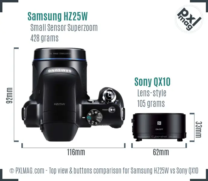 Samsung HZ25W vs Sony QX10 top view buttons comparison