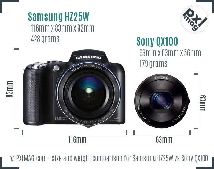 Samsung HZ25W vs Sony QX100 size comparison