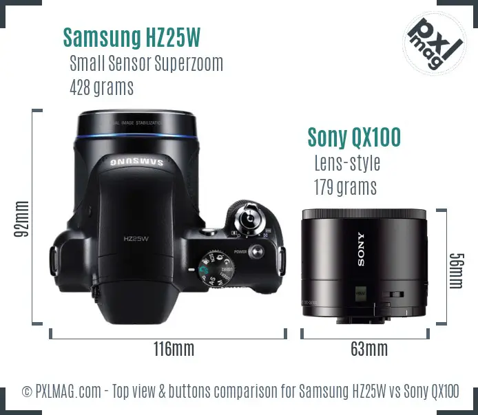 Samsung HZ25W vs Sony QX100 top view buttons comparison