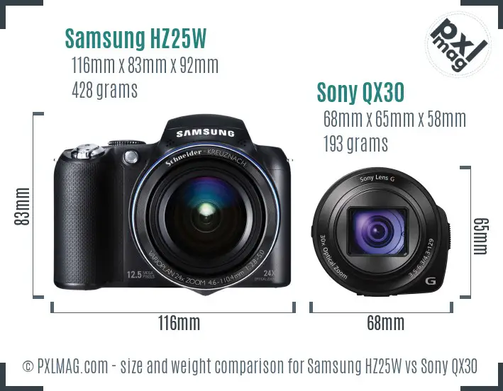Samsung HZ25W vs Sony QX30 size comparison