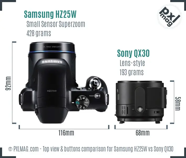 Samsung HZ25W vs Sony QX30 top view buttons comparison