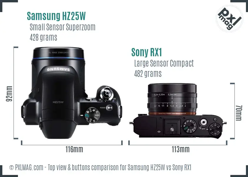 Samsung HZ25W vs Sony RX1 top view buttons comparison