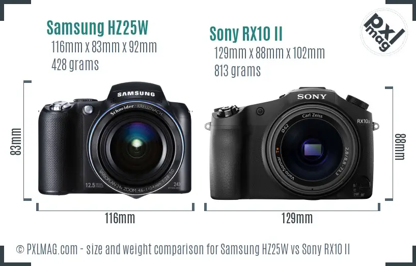 Samsung HZ25W vs Sony RX10 II size comparison