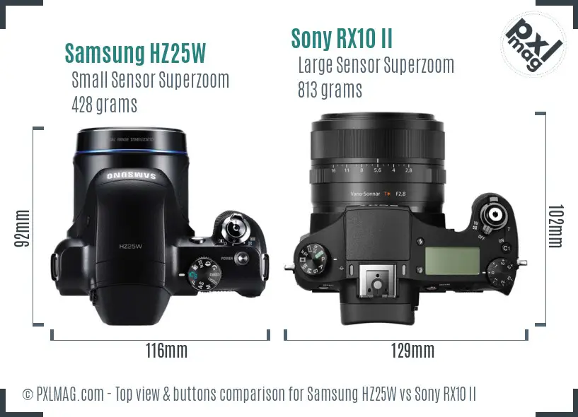Samsung HZ25W vs Sony RX10 II top view buttons comparison