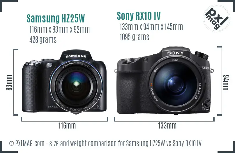 Samsung HZ25W vs Sony RX10 IV size comparison