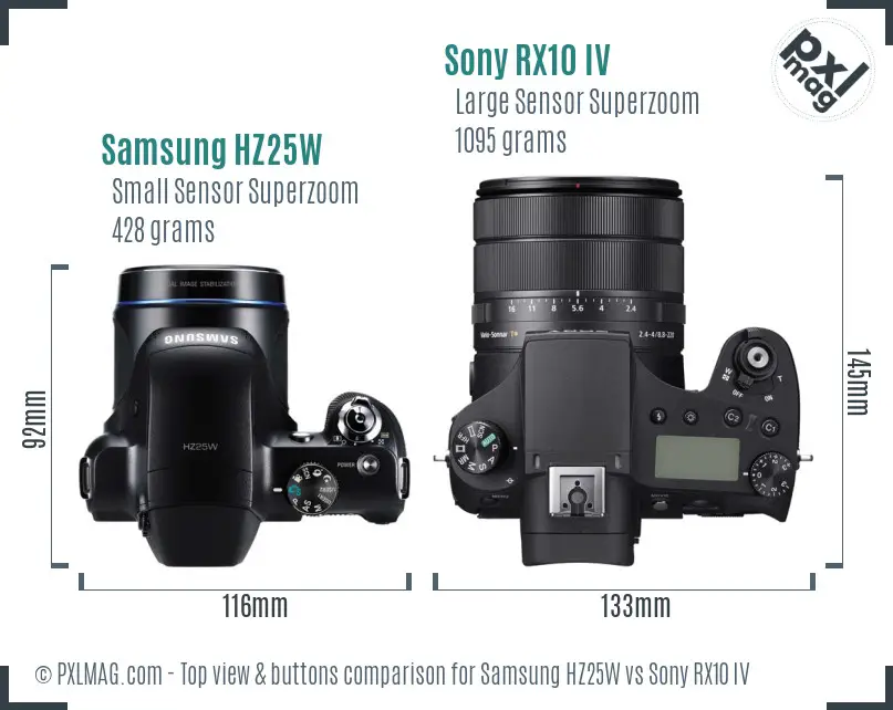 Samsung HZ25W vs Sony RX10 IV top view buttons comparison