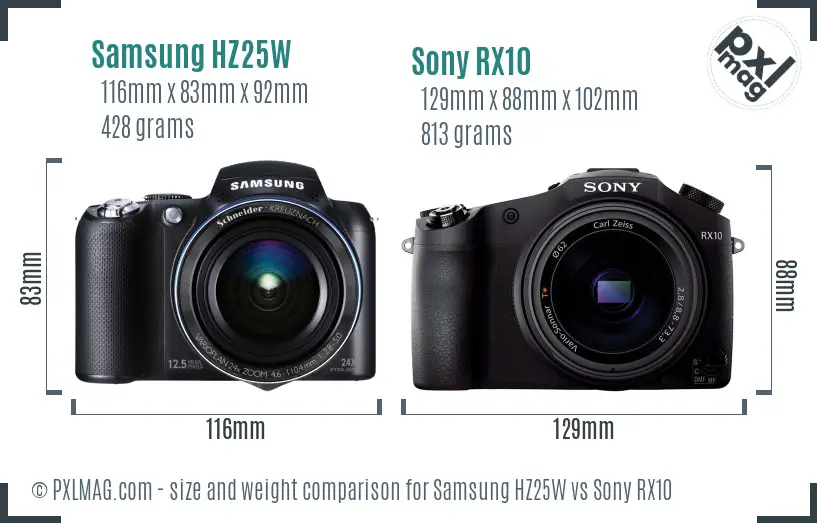Samsung HZ25W vs Sony RX10 size comparison