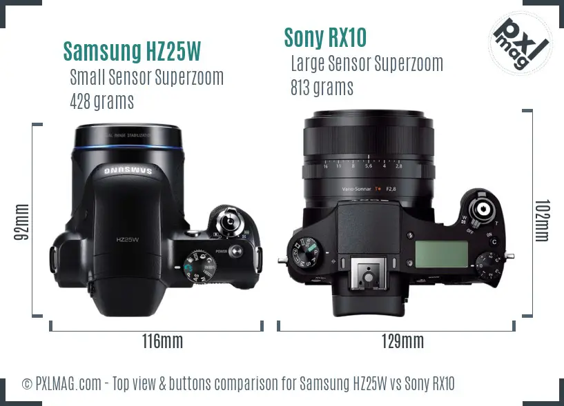 Samsung HZ25W vs Sony RX10 top view buttons comparison
