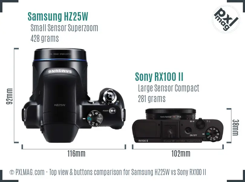 Samsung HZ25W vs Sony RX100 II top view buttons comparison