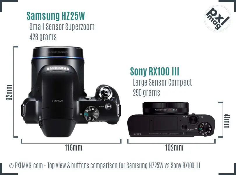 Samsung HZ25W vs Sony RX100 III top view buttons comparison