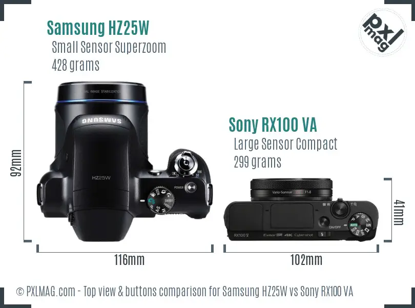 Samsung HZ25W vs Sony RX100 VA top view buttons comparison