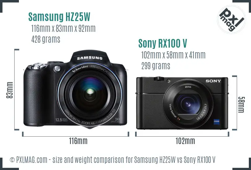 Samsung HZ25W vs Sony RX100 V size comparison