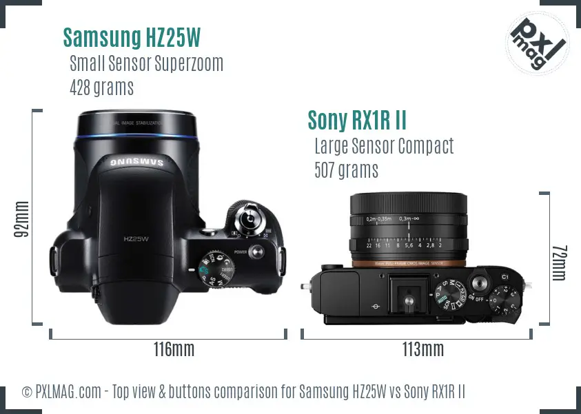 Samsung HZ25W vs Sony RX1R II top view buttons comparison