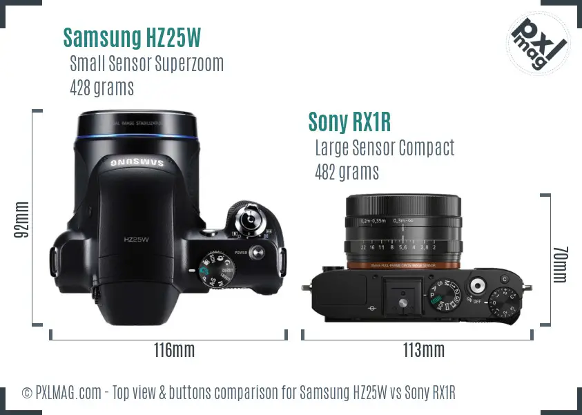 Samsung HZ25W vs Sony RX1R top view buttons comparison